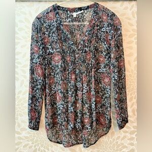 Veronica Beard 100% SILK Women’s 10 Black Floral Semi Sheer Peasant Blouse Top